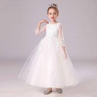 Girl Long Bridesmaid Dresses O-neck Half Sleeve Mesh Lace Princess Ball Gown Dress Fille Birthday Vestidos Children Robe