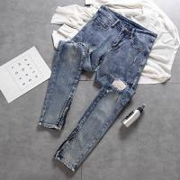 CODddngkw3 fashion jeans Feet Trousers Zipper Design European American High Street Blue Ripped Slim-Fit Denim Men小脚裤口拉链设计欧美高街蓝色破洞修身牛仔长裤男Design Zipper seluar kaki kecil mulut Eropah dan Amerika High Street Blue Hole licin sepadan seluar denim lelaki