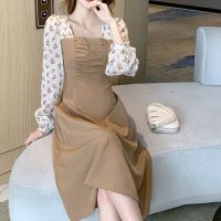 COD ∈✤ The Outline Shop27dgsd6gfd Korean version plus size dress fashion gentle wind floral square neck French chiffon dress waist slim temperament dress women