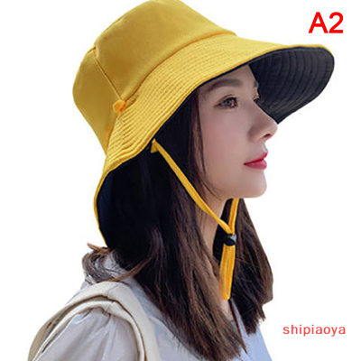 Shipiaoya หมวกปีกรอบพับได้สองด้านสำหรับผู้หญิงหญิงสาวฤดูร้อนหมวกบังแดดชาวประมง