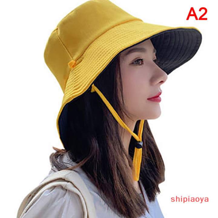 shipiaoya-หมวกปีกรอบพับได้สองด้านสำหรับผู้หญิงหญิงสาวฤดูร้อนหมวกบังแดดชาวประมง