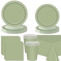 【JIU YU】▪  Sage Green Party Decoration Conjunto de Talheres Descartáveis Prato de papel Toalhas de mesa Cor sólida Suprimentos de aniversário Baby Shower Adulto Criança