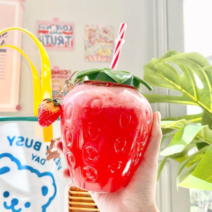 high-end-cups-500mlcartoon-kawaii-strawberry-straw-cup-plasticgirl-milkcoffee-cup-studentwater-cup-water-bottle