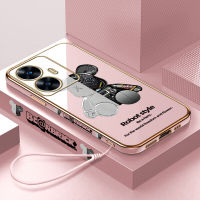 เคสโทรศัพท์พร้อมสำหรับ Realme เคส C55 Realme เคส C55 (ฟรีสายคล้อง) รูปการ์ตูนสุดเจ๋ง Mechaninal Bear หุ่นยนต์หมีรูปแบบขอบสี่เหลี่ยมเคสชุบเคสโทรศัพท์ผู้ชายหรูหราชุบเคสโทรศัพท์นิ่ม