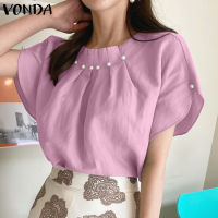 VONDA เสื้อเบลาส์ผู้หญิงกางเกงขาสั้นมีจีบสวยหรูเสื้อลำลองเสื้อยืดคอกลมพื้น (ลำลองเกาหลี)