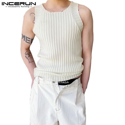 ✣✉☞ Incerun เสื้อกล้าม ผ้าถัก ลายทาง แบบหนา สีพื้น