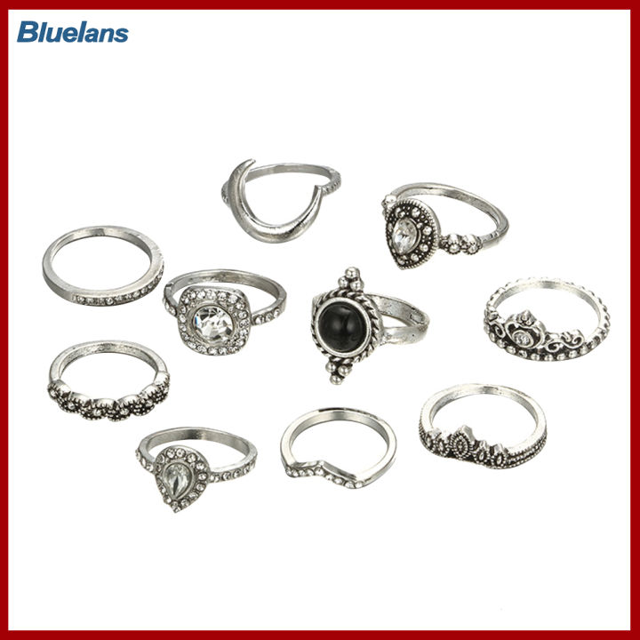 Bluelans®พลอยเทียมมงกุฎลูกแพร์วินเทจนิ้วกลางงอนิ้วผู้หญิง10ชิ้นแหวนวงบาง