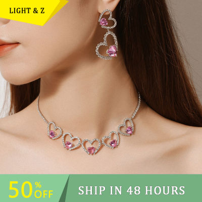 LIGHT & Z New Light Luxury Pink Inlaid Love Zircon Necklace Double Love Earring Set Women