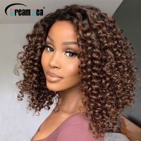 【LZ】♟♨✖  180 Density Curly Brown Synthetic Lace Front Wigs 14 Inch Glueless Heat Resistant Jerry Curly 13x1 Ombre Wig For Women Daily Use