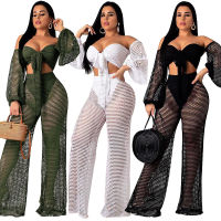 Summer Hollow out cover ups y women off shoulder Top+beach pants bikini swimwear swimsuit cover up beachwear 2PCSSET