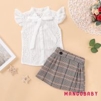 ♬MG♪-Baby Girl Summer Clothes Lace Bowknot Short Sleeve Tops+Tutu Plaids Skirt Outfit 2pcs Set