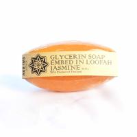 สบู่กลีเซอรีนในใยบวบ สบู่บำรุงผิว สบู่ธรรมชาติผสมสารสกัดผลไม้ กลิ่นมะลิ ( Glycerin Soap in Loofah Jasmine ) Handmade มาตรฐาน GMP 55 กรัม จำนวน 1 ก้อน