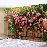 【CW】❅✚▩  Flowers Wood Fence Tapestry Pink Floral Wall Hanging Garden Window Scenery