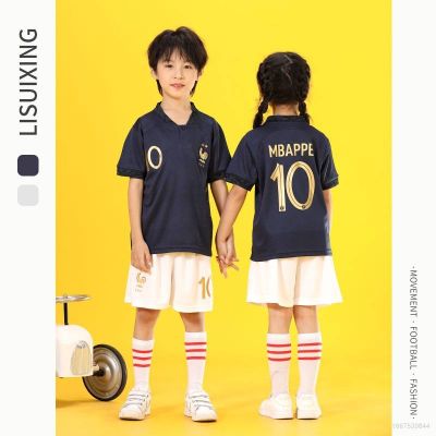 【Ready Stock】 Cute 22/23 Childrens Set World Cup France Jersey Home Mbappe Football Tshirt Shorts Kids Suit