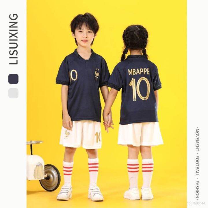 ready-stock-cute-22-23-childrens-set-world-cup-france-jersey-home-mbappe-football-tshirt-shorts-kids-suit