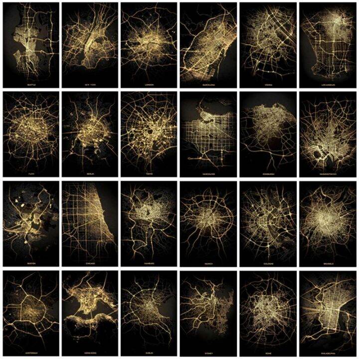 nordic-black-gold-city-map-wall-art-ปารีสลอนดอนพิมพ์ผ้าใบนิวยอร์กสำหรับตกแต่งห้องนั่งเล่นอย่างมีสไตล์