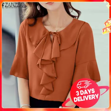 ZANZEA Korean Style Women Flare Short Sleeve Ruffles Shirt Plain