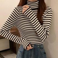 ☈ↂ Autumn and winter womens long-sleeved turtleneck bottoming shirt all-match striped t-shirt slim knitted top