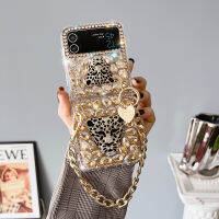 APEC เคสสายข้อมือโลหะเพชรพลอยหัวเสือดาว3D แฟชั่นสุดหรูสำหรับ Samsung Z Flip 4 3เคสโทรศัพท์กาแลคซีแบบฝาพับสวยงาม