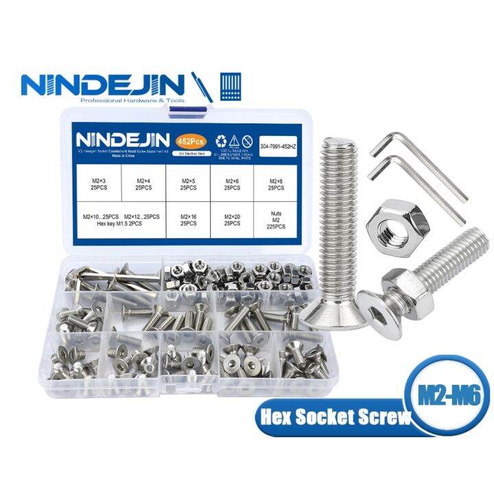 NINDEJIN Hex Socket Flat Head Screw Set Stainless Steel M2 M2.5 M3 M4