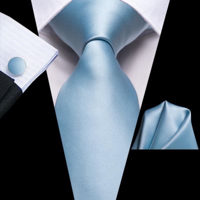Light Blue Solid Silk Wedding Tie For Men Fashion Designer Handky Cufflink Mens Necktie Set Business Party Dropshipping Hi Tie