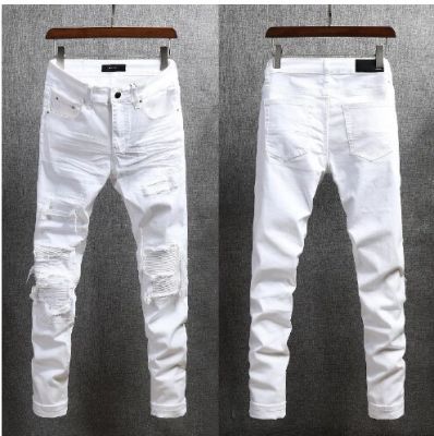 AMIRI white casual slim fashionable mens jeans with hole patch fashion brand Amiri casual straight pants Large Size 28-40