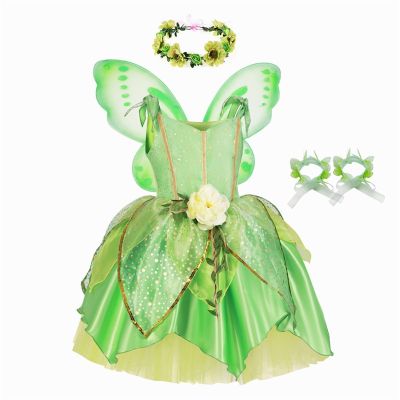 Tinkerbell Dress For Baby Girls Forest Fairy Tinker Bell Costume Green Leaf Glitter Princess Kids Party Cosplay Frocks With Wing