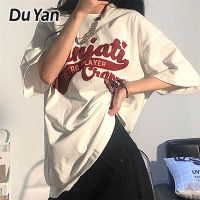 Du Yan เสื้อยืดผู้หญิงแขนสั้นสีขาว2023,เสื้อเสื้อตัวหลวมพิมพ์ตัวอักษรนักเรียนใหม่