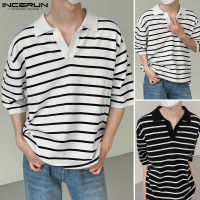 Beehoo INCERUN Mens Short Sleeve T Shirt Collared V-Neck Pullover Blouse Striped Hippie Top Tee (สไตล์เกาหลี)