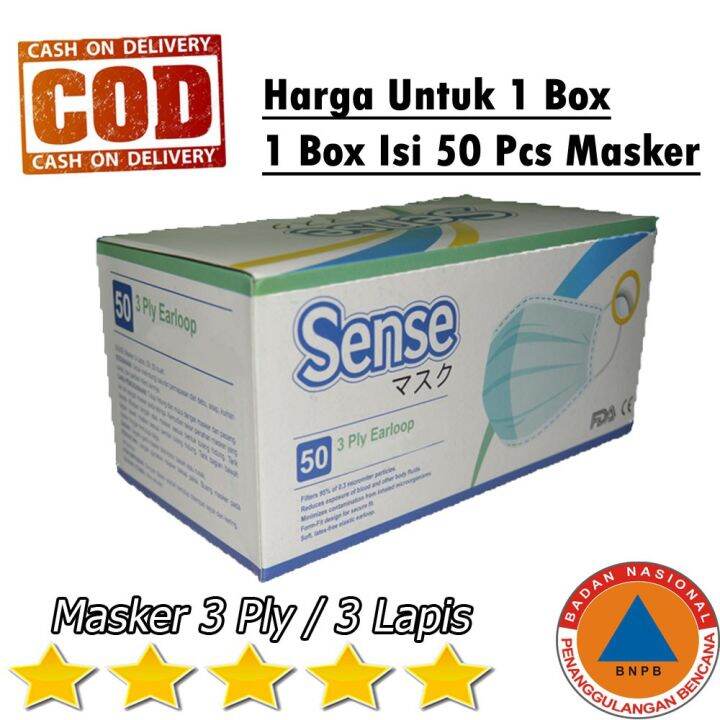 Masker Kesehatan Isi 50 Pcs Earloop Merk Sense Masker 3 Ply Disposable ...