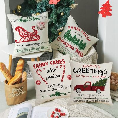 Christmas Pillow Cover Linen Decorative Pillow Cover Printing Family Cushion Cover Hotel Coffee Bar Pillow Cover 45X45cm