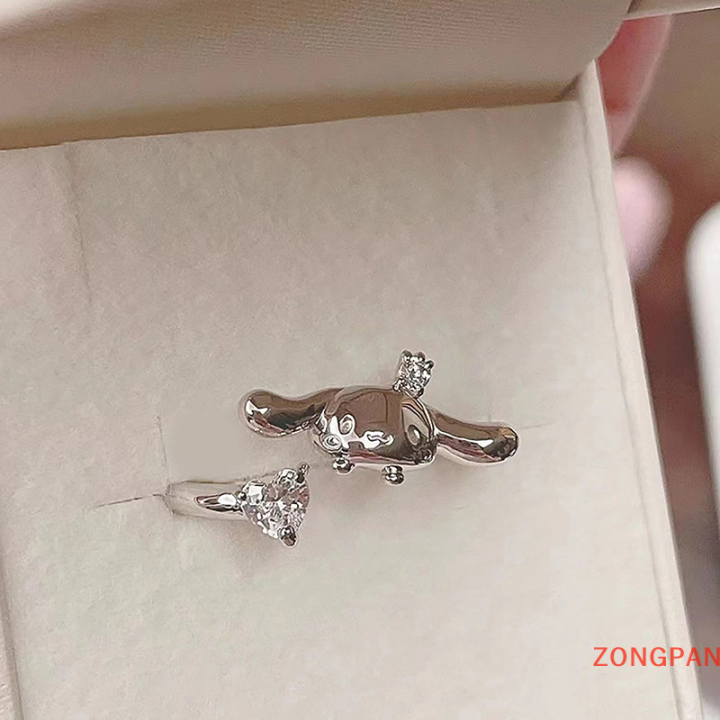 zongpan-แหวนเพชรรูปหัวใจสุนัขน่ารักหูใหญ่สำหรับผู้หญิงแหวนเปิดเครื่องประดับแฟชั่น
