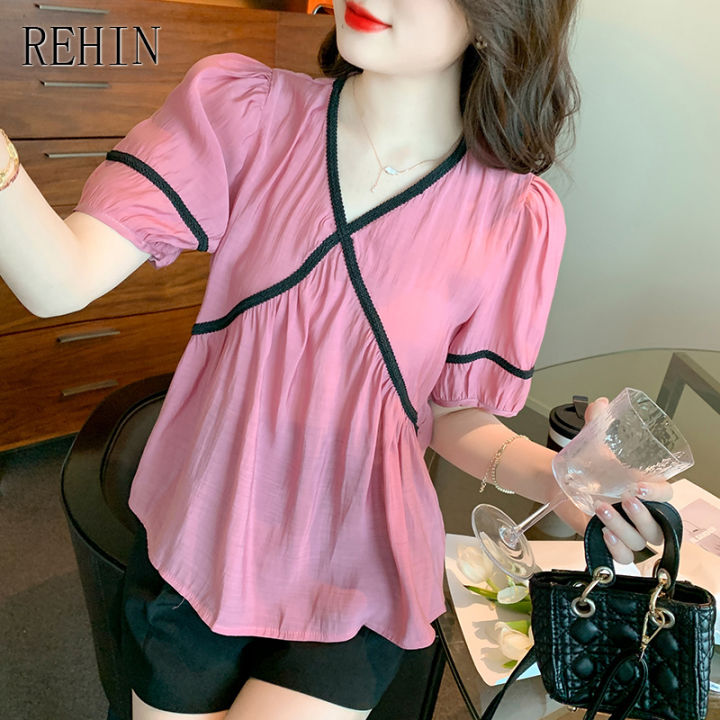 rehin-ผู้หญิงฤดูร้อนใหม่เกาหลีรุ่น-v-คอสี-blocking-แขนสั้นเสื้อ-webbing-patchwork-หลวม-elegant-เสื้อ