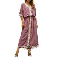 ผู้หญิง Kaftan Robe Batwing แขน V คอ Beach ชุดว่ายน้ำ Cover Up เอวยางยืดเย็บปักถักร้อย Tassels หลวม Maxi ยาว Dress