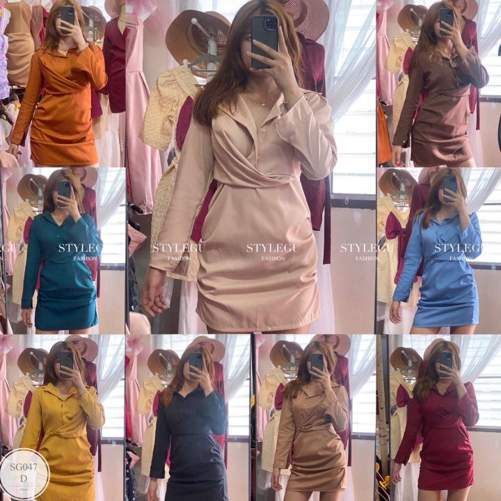 ml047-dress-เดรสสั้นคอปกสูท-งานเนื้อผ้าซาร่า-แขนยาวปลายแขนติดกระดุมข้างละ-1-เม็ด-ช่วงหน้าอกผ่าติดกระดุมแกะออกได้-ดีเทลแต่งเย็บย่นด้านหน้าและช่วงกระโปรง-2-ข้าง-ทำให้ชุดดูสวยใส่เข้ารูปทรงสวยเป๊ะ-ด้านหลั