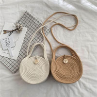 Women Round Shoulder Bag Cotton Strap Handbag Bohemian Straw Beach Bag Crossbody Bag Handmade