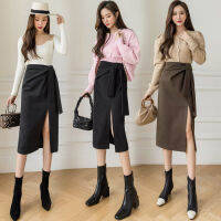 Spot Video + Woolen Skirt Mid-Length 2021 Autumn and Winter New Fashion Tie Slim-Fit Hip Skirt