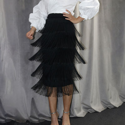 Black Fringe Skirt Bodycon Women High Waist Midi Pencil Skirt y High Streetwear Party Office Elegant Femme Retro Jupes Falads