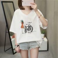 COD DSFDGDFFGHH 【Plus Size/40-150kg/8Patterns】2021 Oversized V-Neck Women Tee Half Short Sleeves Big Loose Cute Cartoon Letter Printed T-shirt Summer Maternity Pregnancy Casual Top Fashion Big Size Medium-Long Length Pajamas 5XL