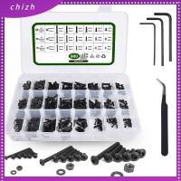 CHIZH 900Pcs เหล็กอัลลอยเกรด10.9 สกรูฝาครอบซ็อกเก็ตหัวปุ่ม HEX M2 M3 M4 สีดำสีดำ ประเภทสกรูเมตริก พร้อมประแจหกเหลี่ยม สลักเกลียวเมตริก เครื่องจักรความแม่นยำสูง