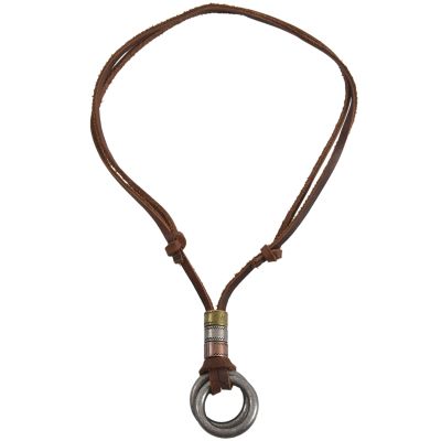 Fashion Men Retro Leather Cord Necklace Double Circle Ring Pendant Jewelry Gift