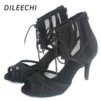 DILEECHI Latin Dance รองเท้าซาตินสีดำสุทธิ Party Salsa Ballroom Dance Boots Soft Outsole สูงบางส้น85มม.