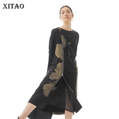 XITAO Dress Vintage Print Zipper Sleeveless Suspender Dress