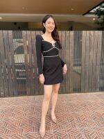 SP297S : Black Crepe Diamante Dress เดรสผ้าเครปแขนยาว สั้น