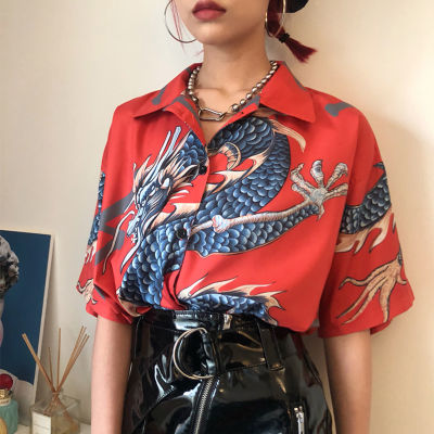 Dragon Print oversized ladies shirts New chic Summer Spring Womens Blouses Harajuku Tops Short Sleeve Female Blusas Mujer