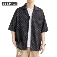 เสื้อเครื่องมือวินเทจสไตล์ JEEP SPIRIT เสื้อแจ็คเก็ตแขนสั้นแบบบางสำหรับฤดูร้อนเสื้อเสื้อทรงหลวมแขนสั้นห้าจุดสำหรับผู้ชาย