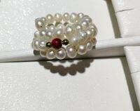 Fashion Women Jewelry Natural Pearl 3 Strands Ring 2X4mm White Pearl Red Beads Handmade Rings Adjustable Size Gift