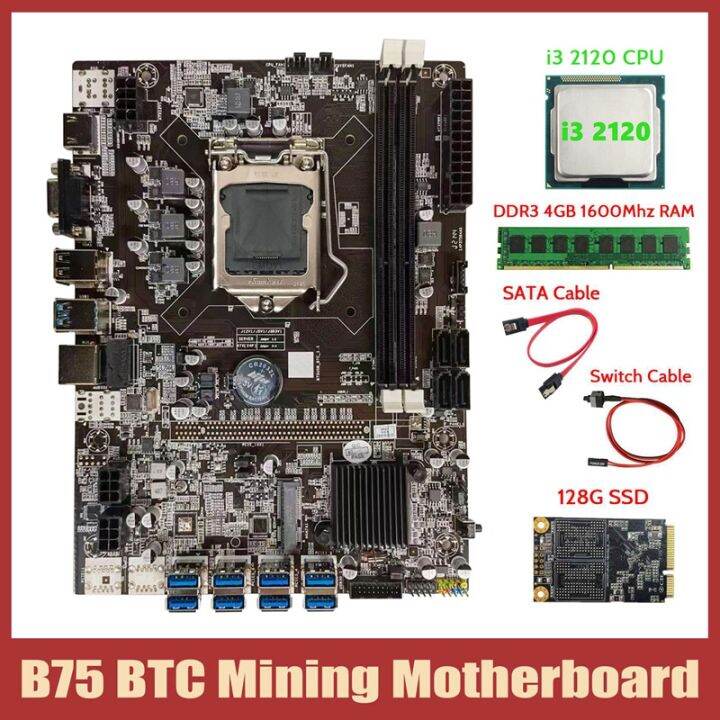 btc-b75-mining-motherboard-i3-2120-cpu-ddr3-4gb-1600mhz-ram-128g-msata-ssd-sata-cable-switch-cable-8xpcie-to-usb-board