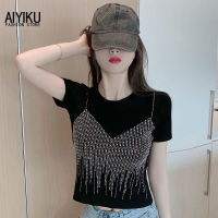 AIYIKU เสื้อยืดเสื้อยืดลายเพชรไหล่สำหรับผู้หญิง2023ฤดูร้อนที่มีเอกลักษณ์และสวยงามอุตสาหกรรมหนักสไตล์กวางโจวสำหรับผู้หญิงเสื้อเอวลอยเปิดไหล่แบบแน่น