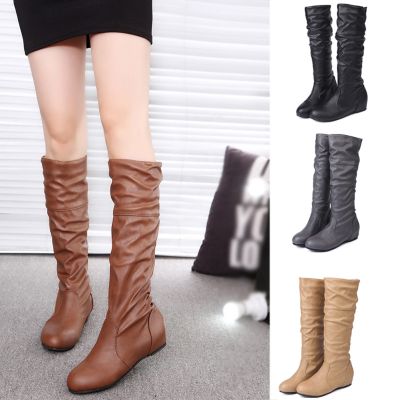 CODff51906at Women Knee High PU Leather Flat Boots Mid-calf Biker Booties Slouch Boots Shoes